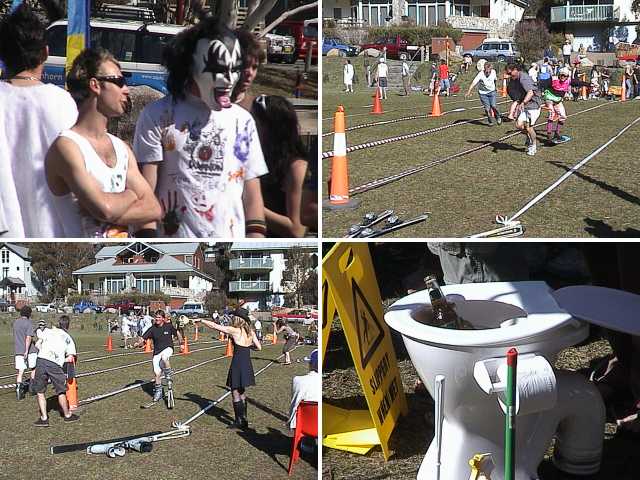 Ryan (ski-pole javelin winner) & Aaron (Kiss mask), snowboard race, ski race, Alpenhorn�s winning esky