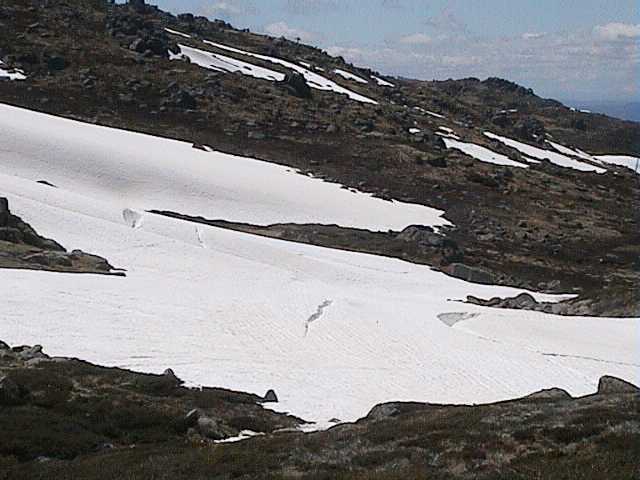 Crevasses opening up as the snow pack collapses into Merritts Creek behind Eagle�s Nest