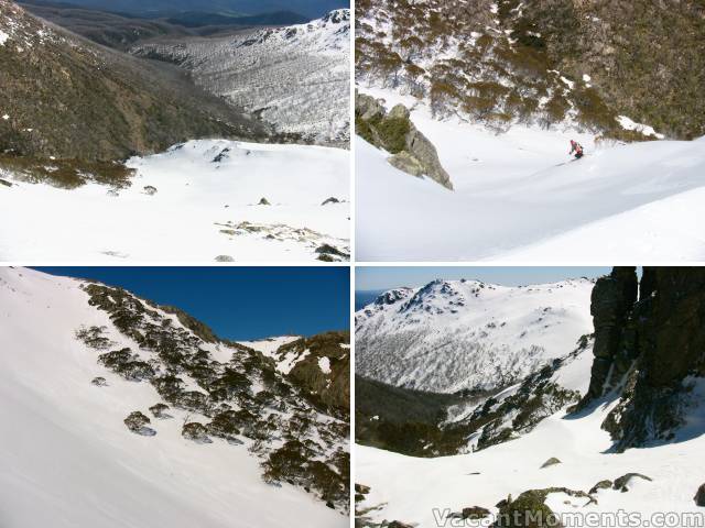 Saturday � Looking into Champagne Bowl. Rosco drops over the bottom ridge<BR>Looking across the bowl, half way down. Looking back hald way up the climb out