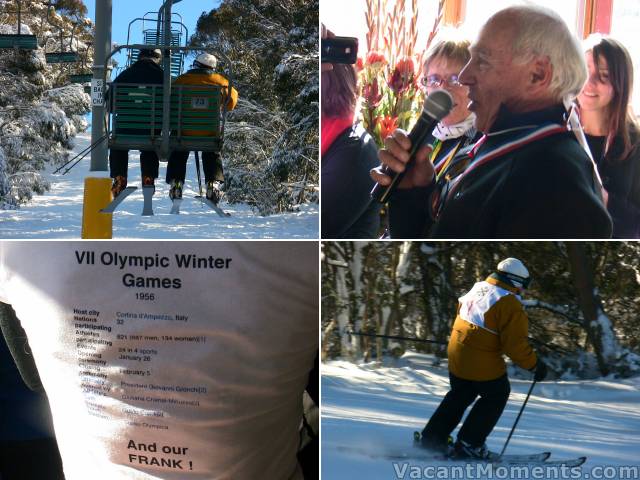 So many photos to squeeze in: Tommy and Frank on Snowgums<BR>Heinz yodelling, Jules� back<BR>And finally more power to Frank � may you ski another 10 years